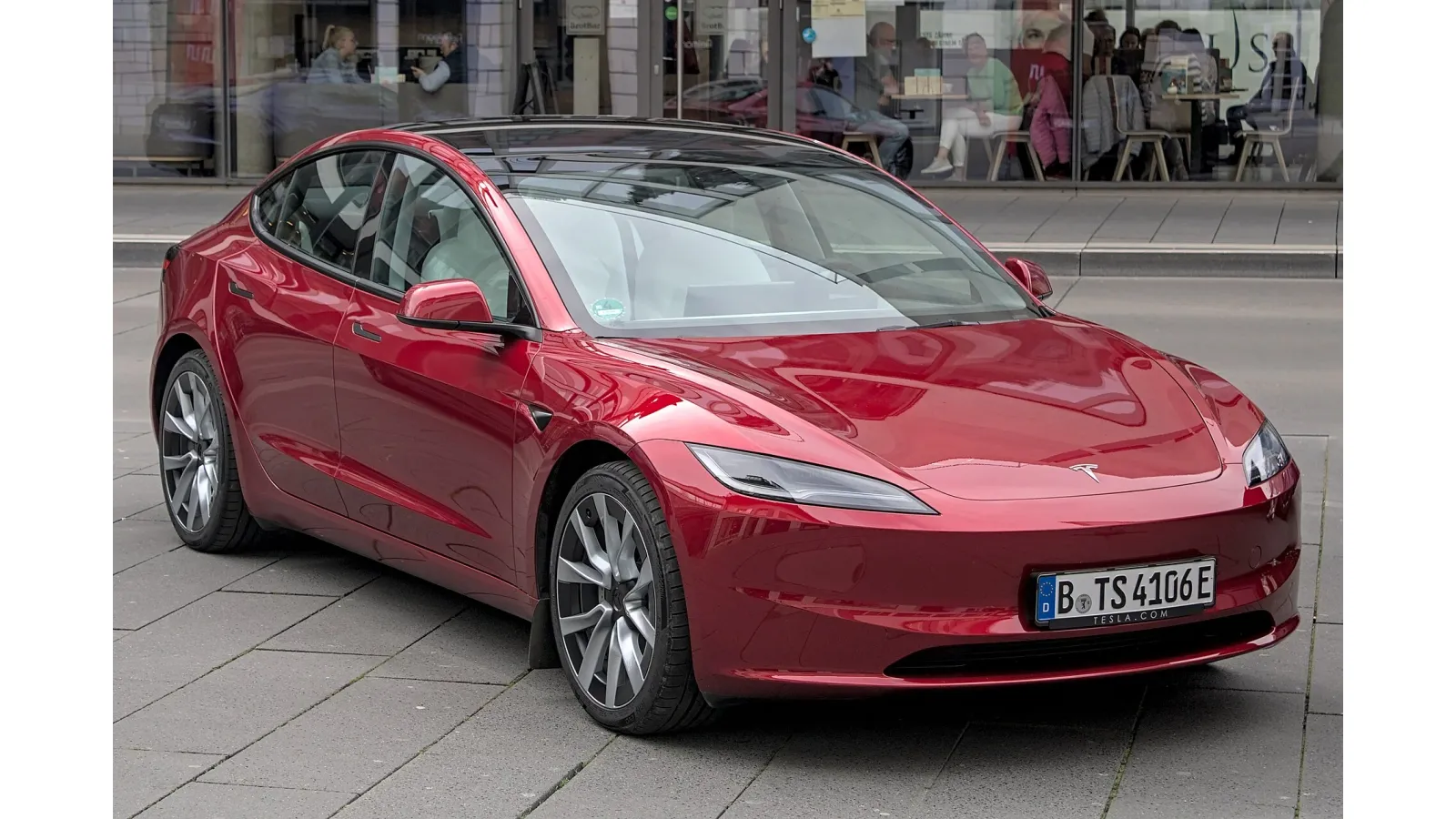 Tesla Model 3 front three-quarter view — SeaTac CONRAC rental model gallery